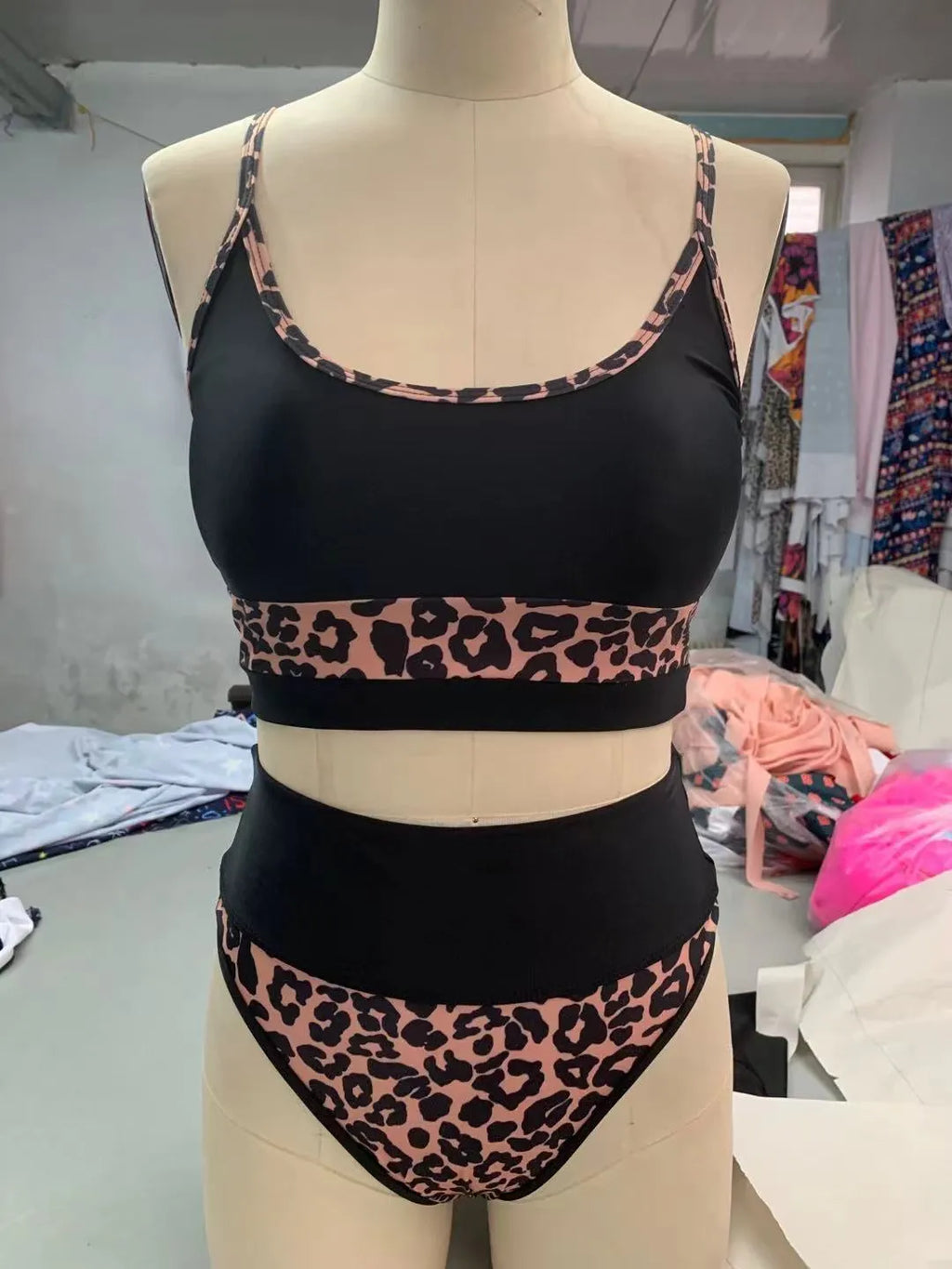 Women's high waist split bikini swimsuit in leopard print or white nylon fabric