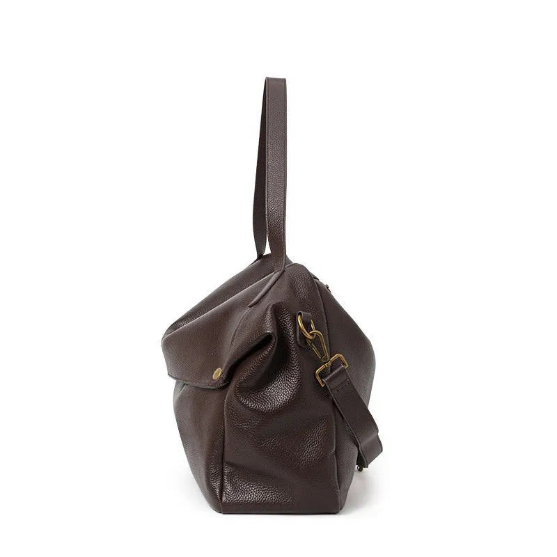 Brown genuine leather women's commuter shoulder bag with horizontal square shape