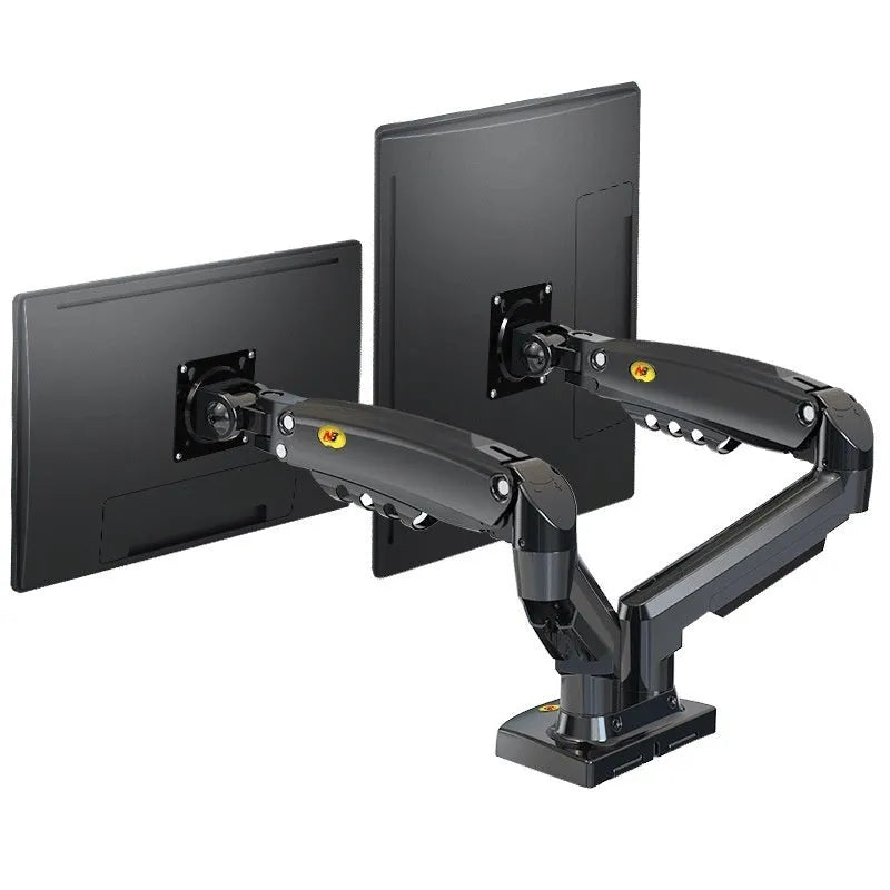 Aluminium dual monitor bracket for VESA 75x75-100x100mm compatible screens.