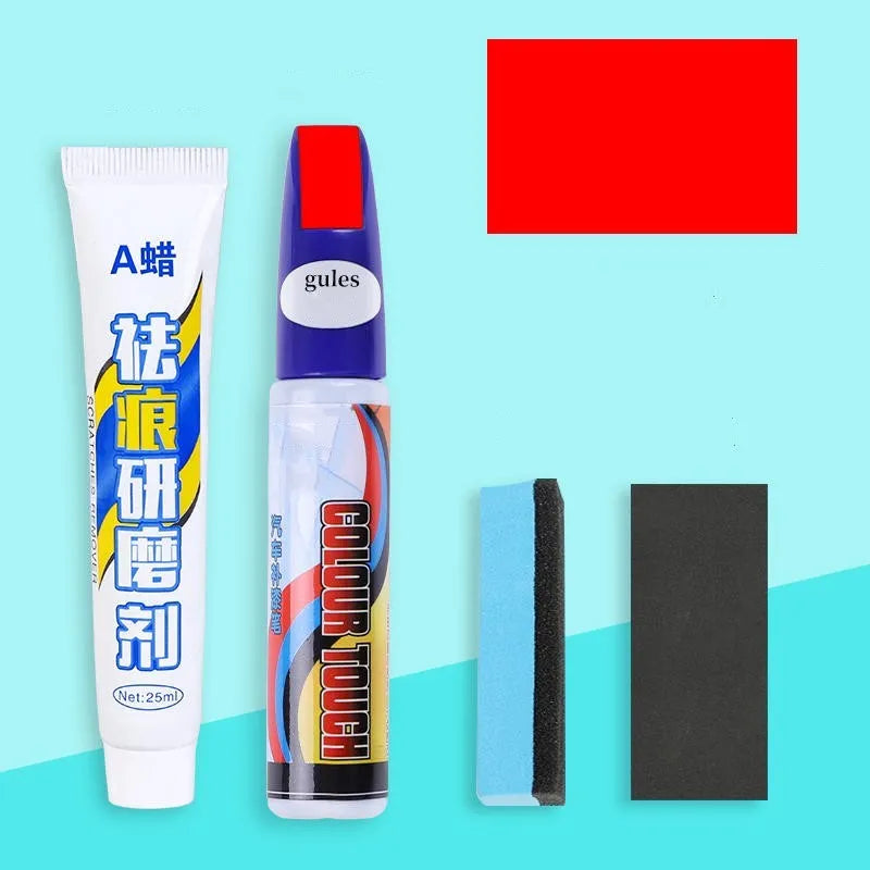 Automotive paint repair pen and scratch removal fluid 4-piece set for car touch-ups.