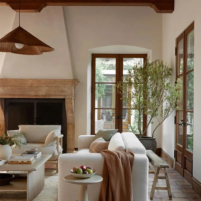 Natural rattan woven ceiling lamp with bamboo frame in Silent Wind style
