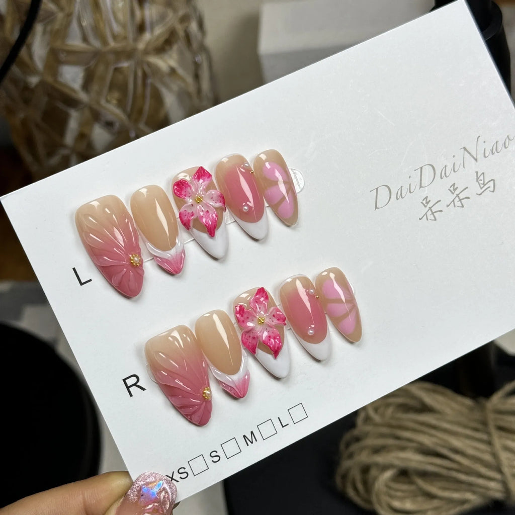 French style false nails with three-dimensional lily ice flower decoration in almond shape