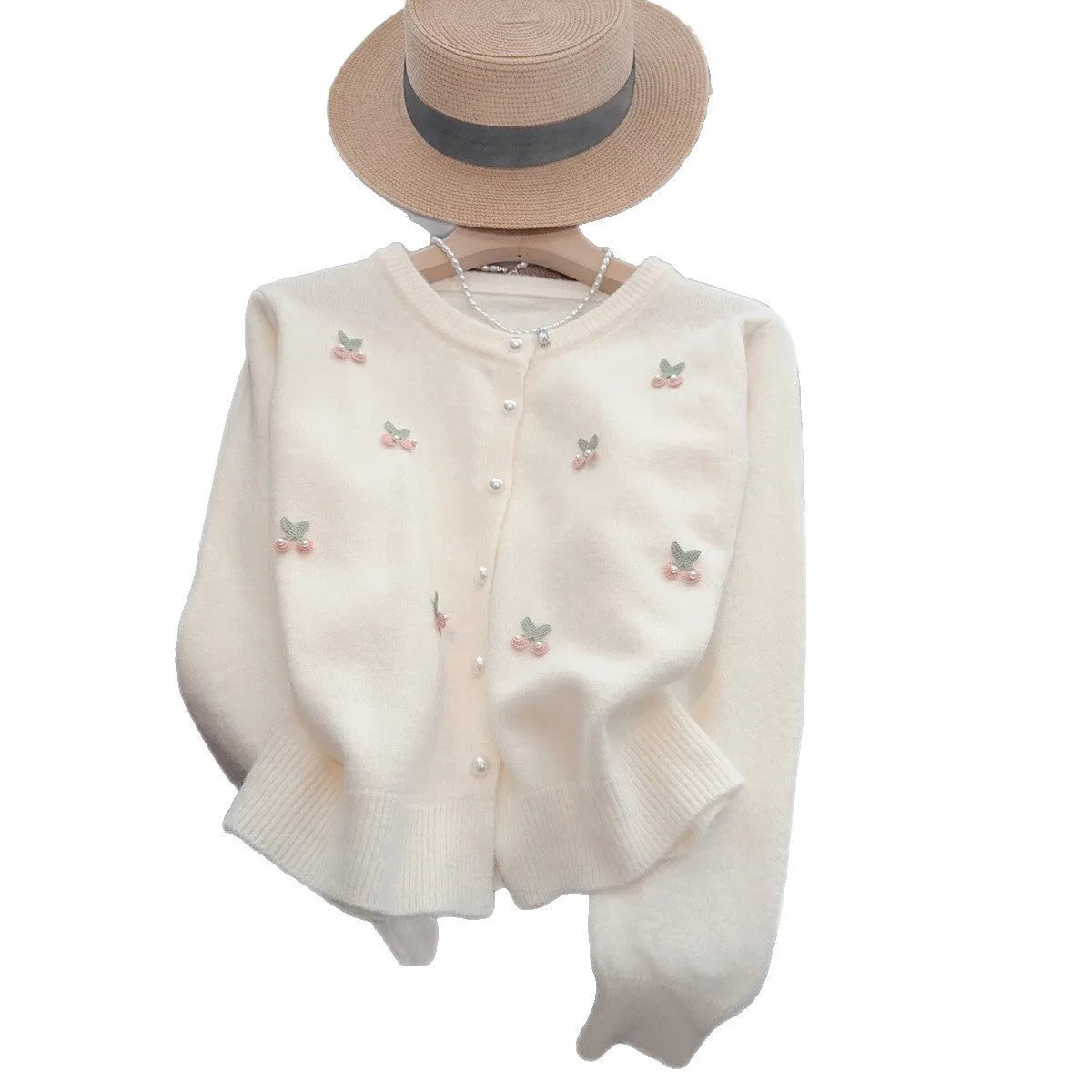 Pink cashmere-nylon cardigan coat with beaded details, round neck, and slim fit.