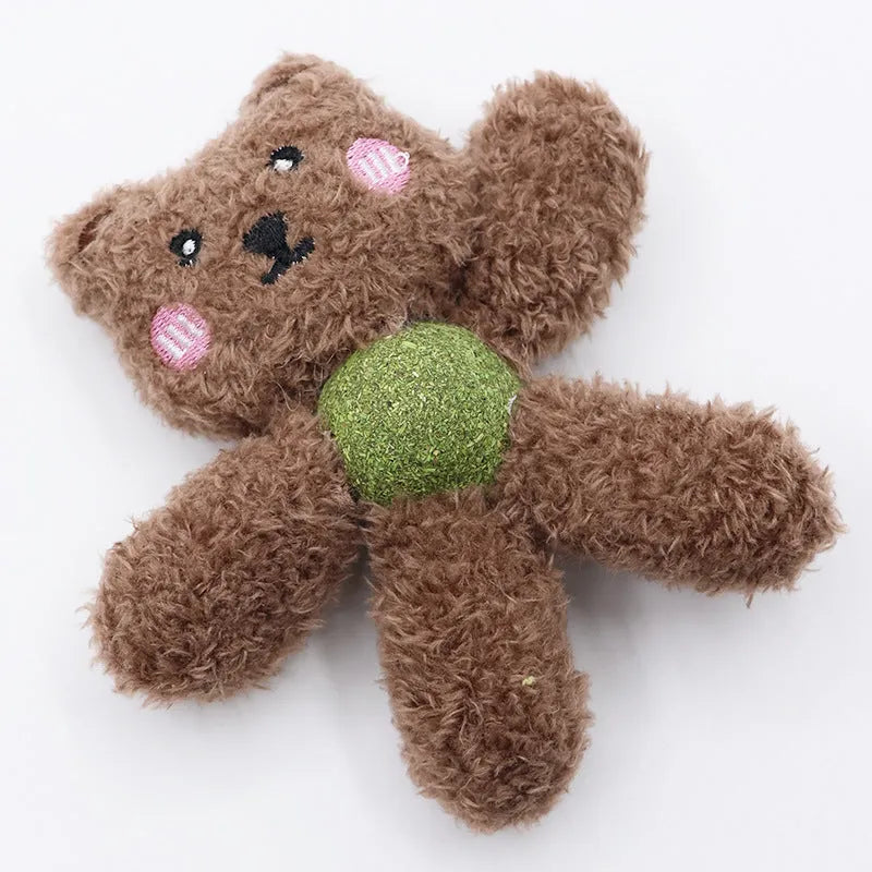 Brown bear shaped stuffed catnip ball edible chewing toy for cats on a white background.