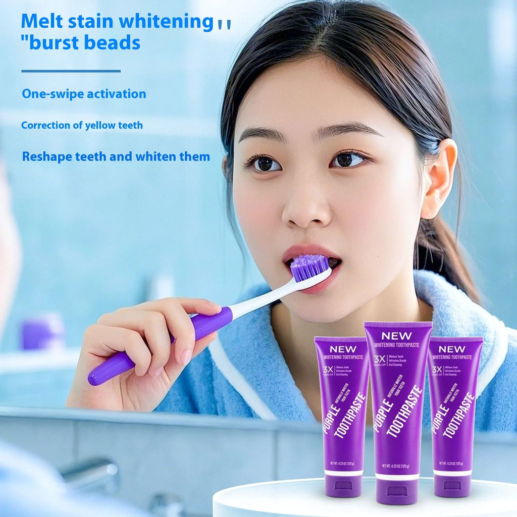 Purple whitening toothpaste tube in 120g and 65g sizes for stain removal and cavity protection