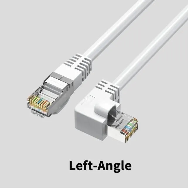 Cat6 Ethernet cable with right-angle metal RJ45 connector in black, shown alongside length and colour options.