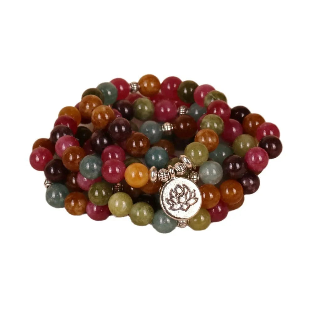 108 bead multi-layer bracelet with hanging lotus design in tourmaline colour