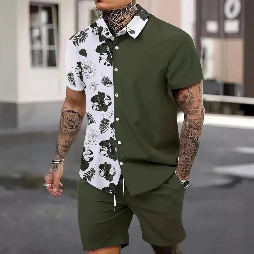Men's Hawaiian shirt and shorts set with 3D printed tropical pattern design