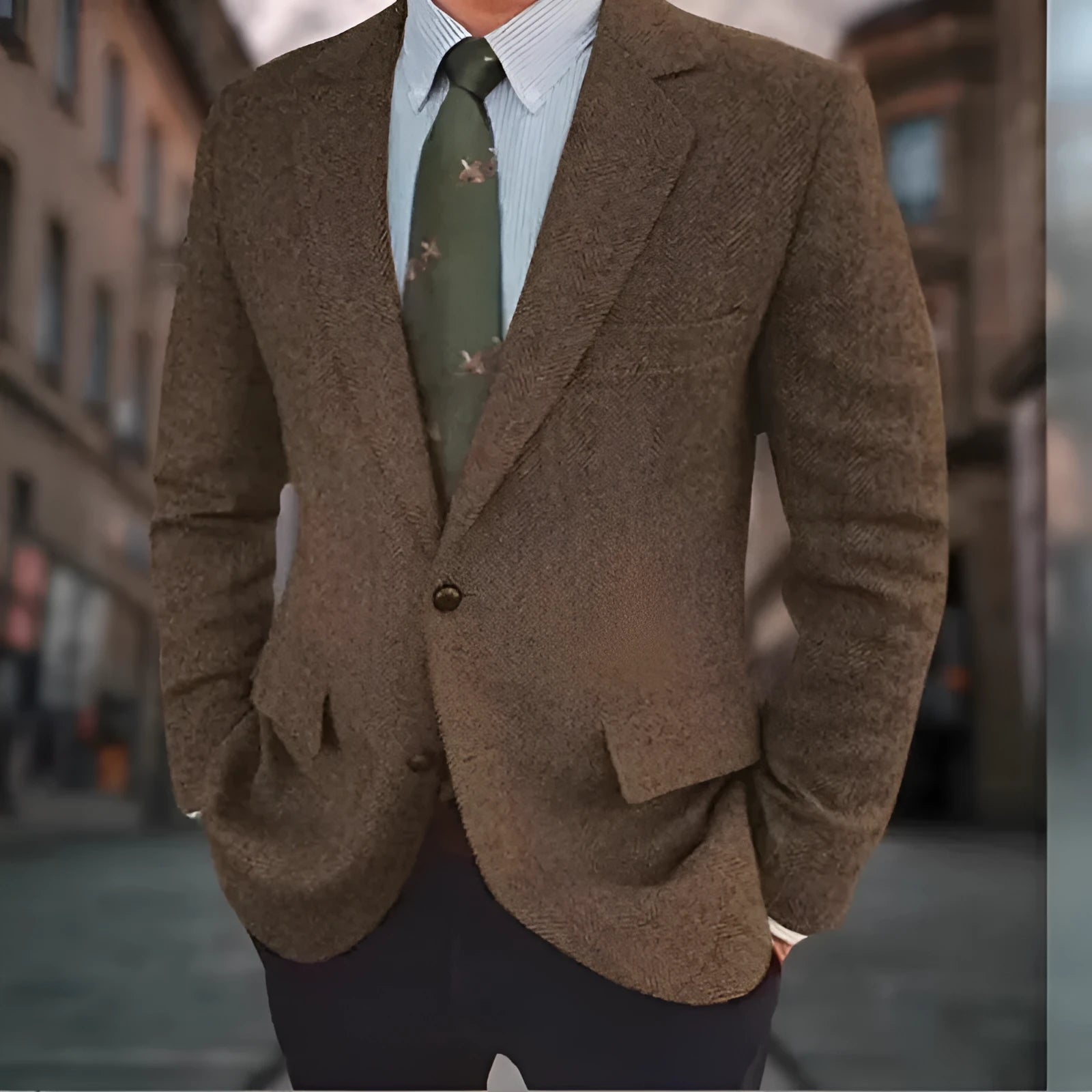 Men's brown herringbone pattern suit jacket with notch lapels and flax lining.
