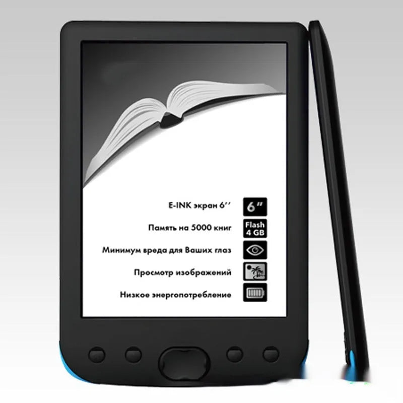 Black 6-inch E-ink touchscreen e-book reader showing a book page on its display.