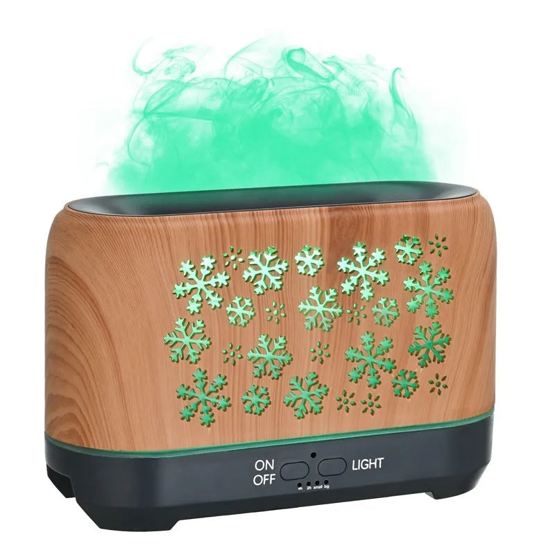 Square snowflake pattern humidifier with colourful flame effect and remote control on desktop