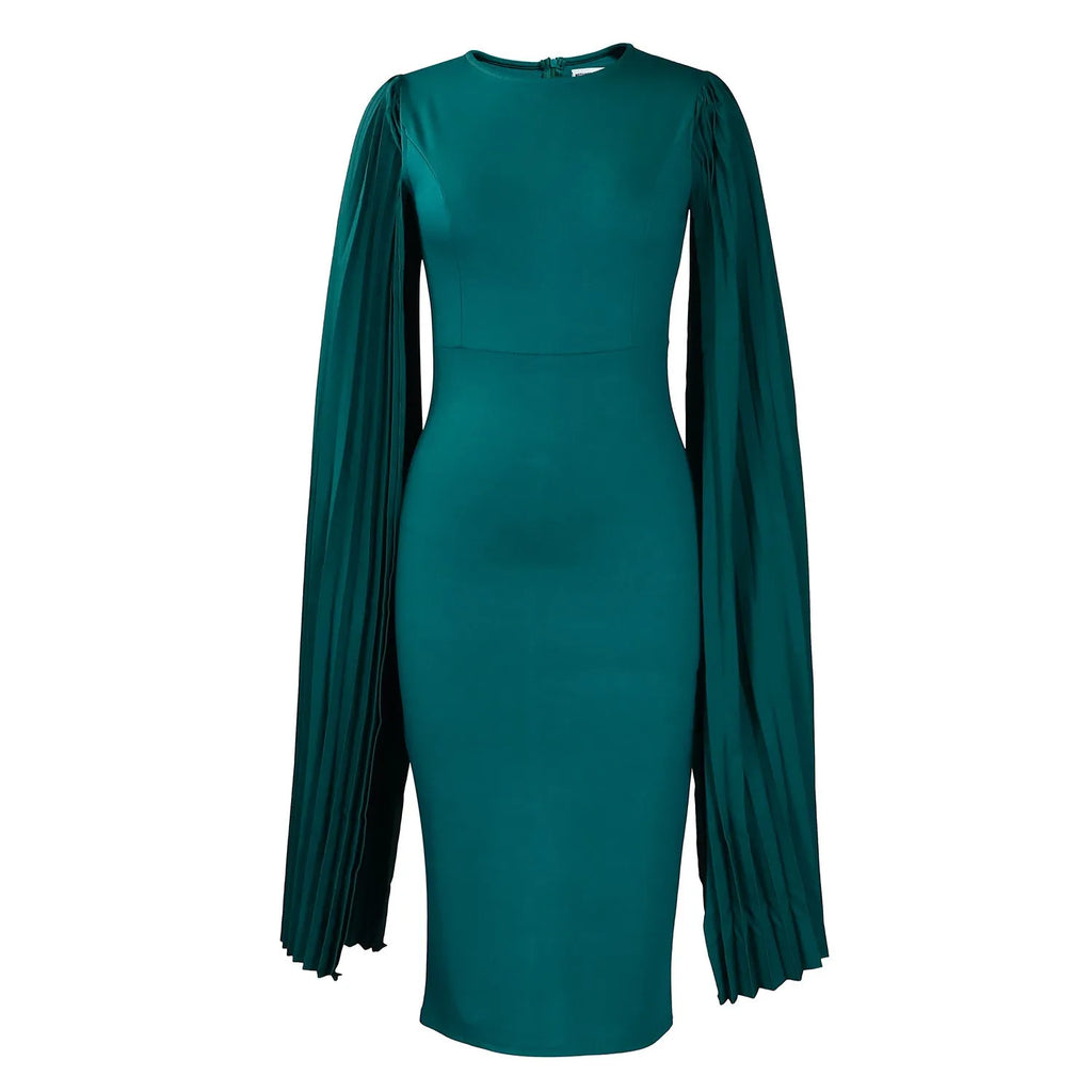Evening gown with pleated shawl collar and round neck in high-waist design