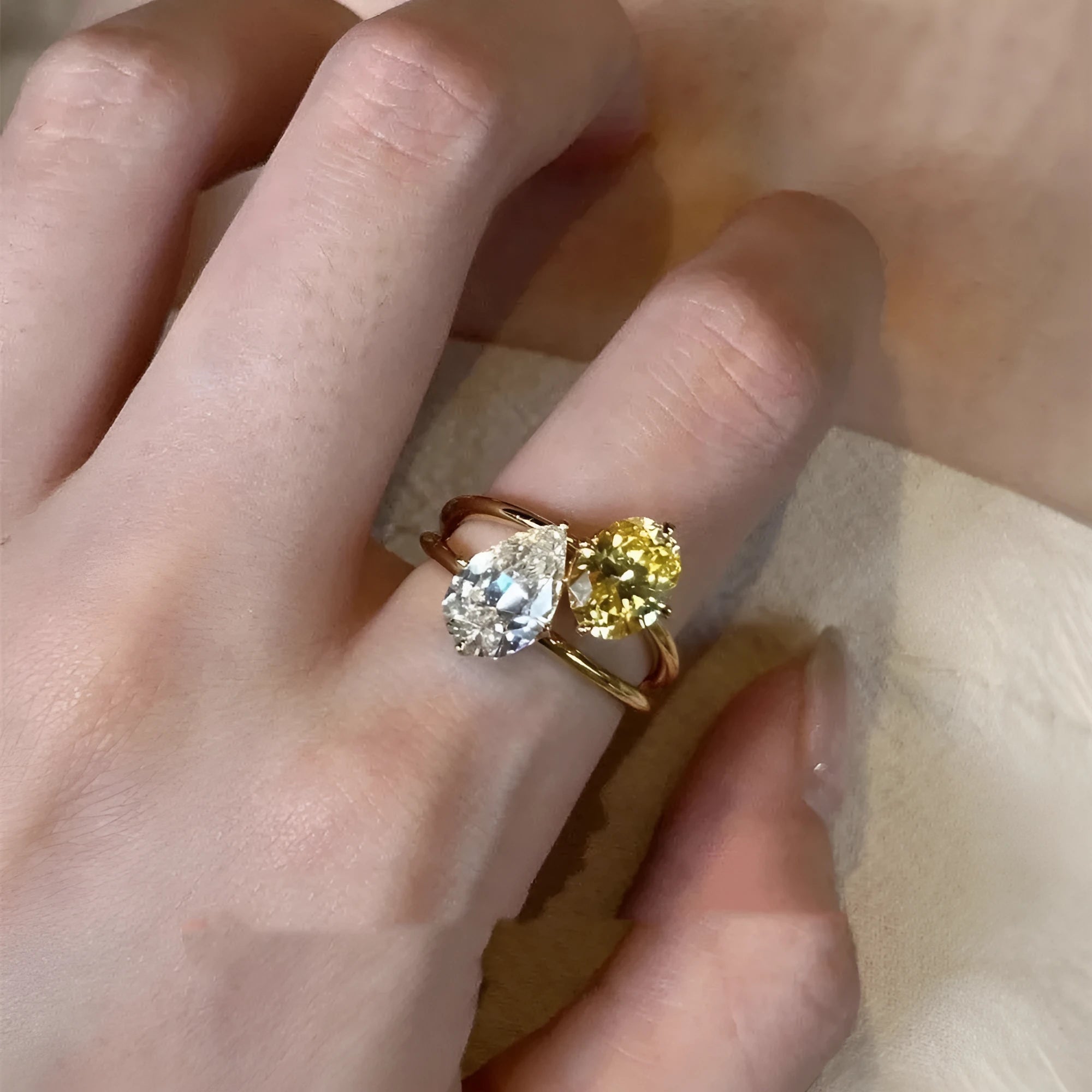 Copper geometric water drop open ring with double sheng stone contrasting colours