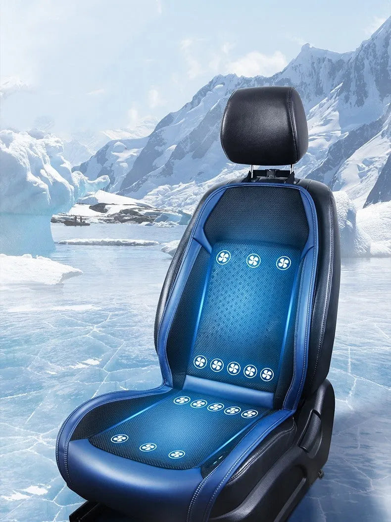 Black car cooling pad with ventilation system connected to vehicle 12V socket