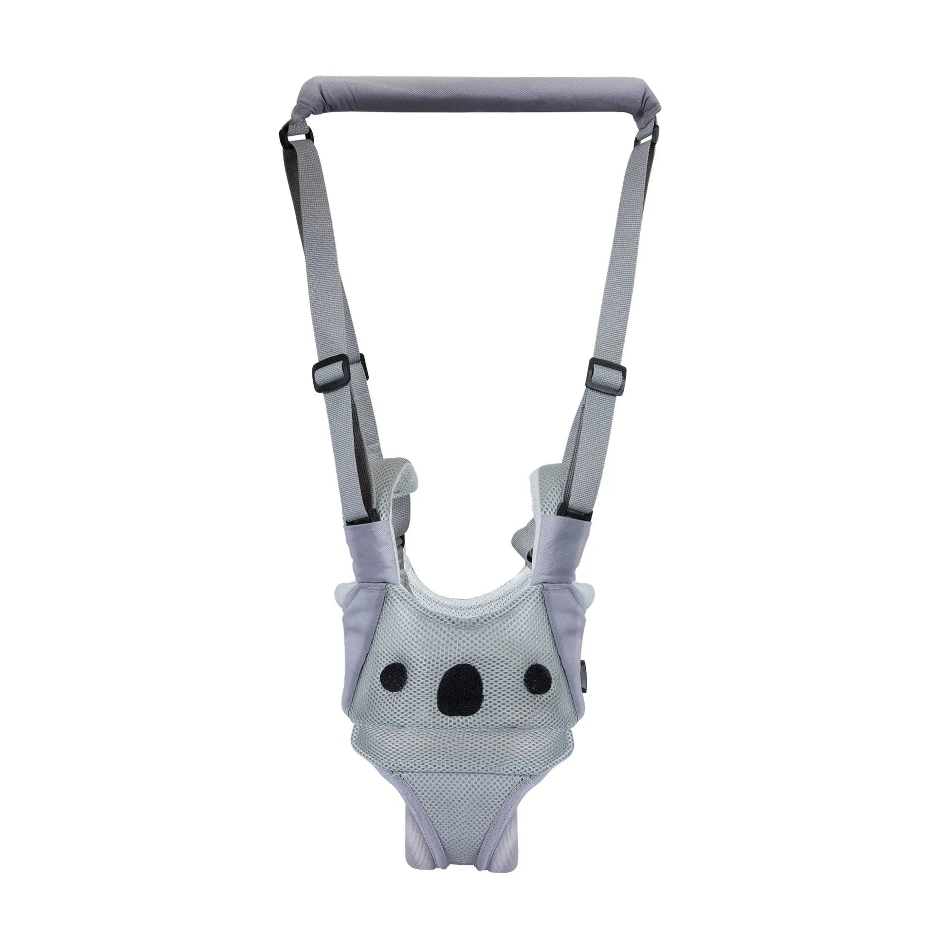 Blue cotton baby walking harness belt with straps, shown being used to support a toddler learning to walk.