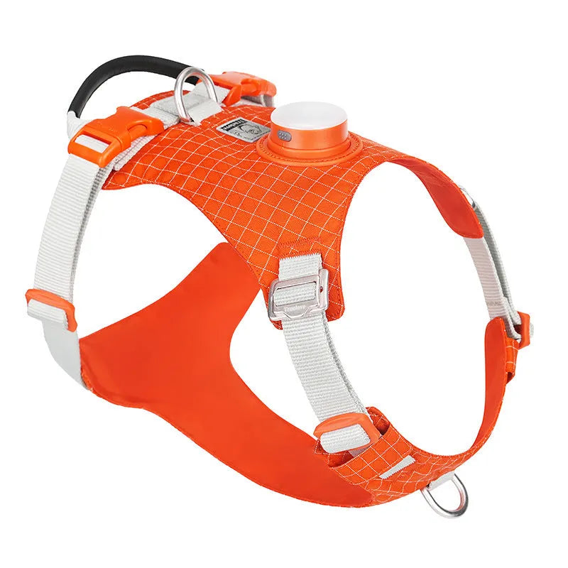 LED dog chest harness in light purple colour showing chest strap design and integrated light for nighttime visibility