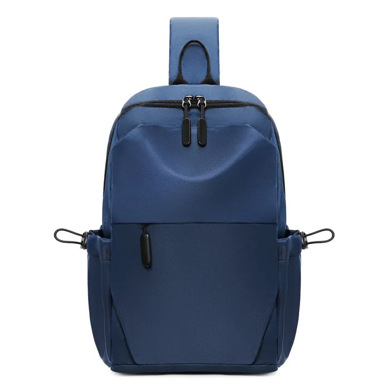 Grey men's chest bag with shoulder strap showing large main compartment.
