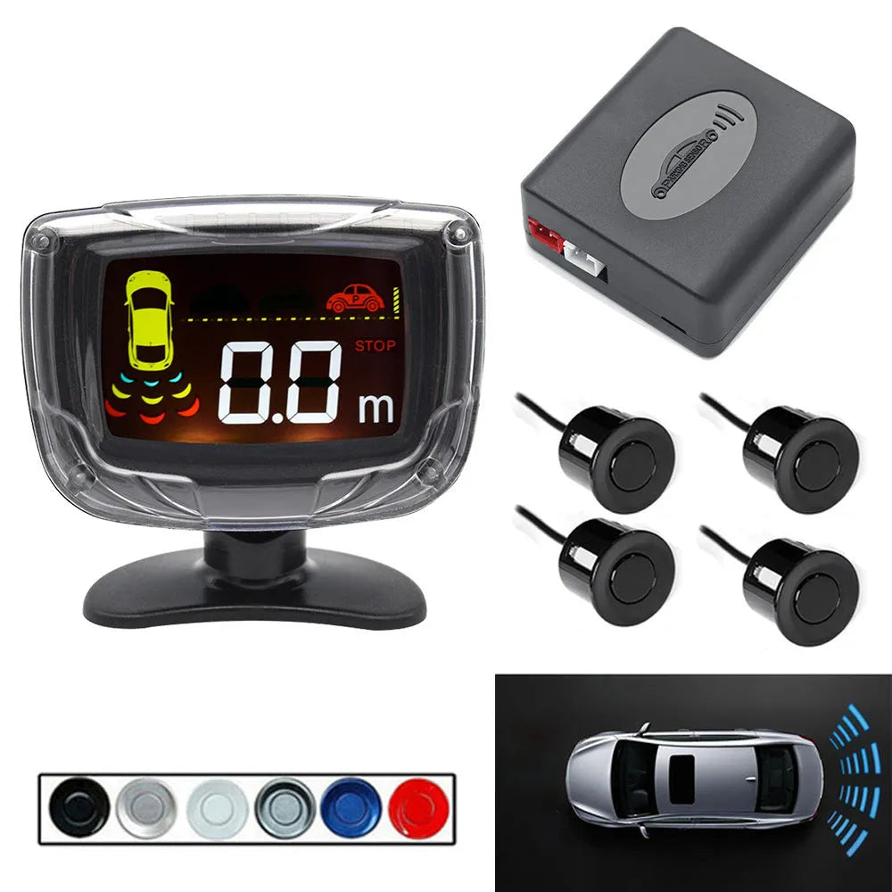 Black wireless reversing sensor system for cars with main unit, four probes, and a digital LED display.