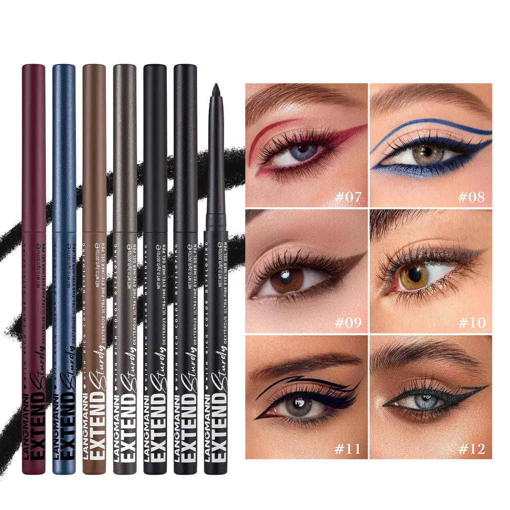Set of 12 colourful gel glitter eyeliner pencils with various shades on white background