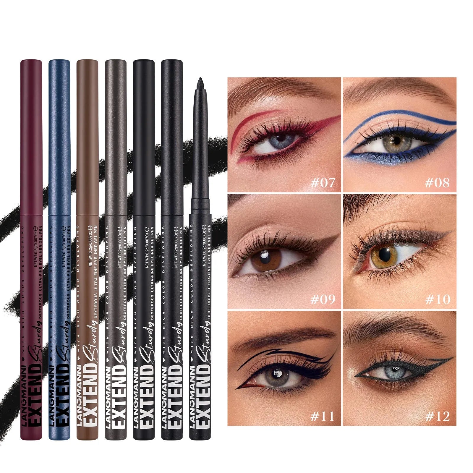 Set of 12 colourful gel glitter eyeliner pencils with various shades on white background