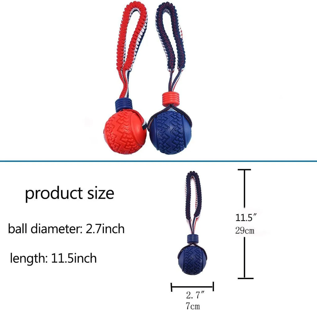 Blue rubber dog ball with attached rope toy measuring 6.5cm diameter