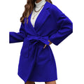 Minimalist long sleeve lapel coat with button front and split belt in thick polyester fabric