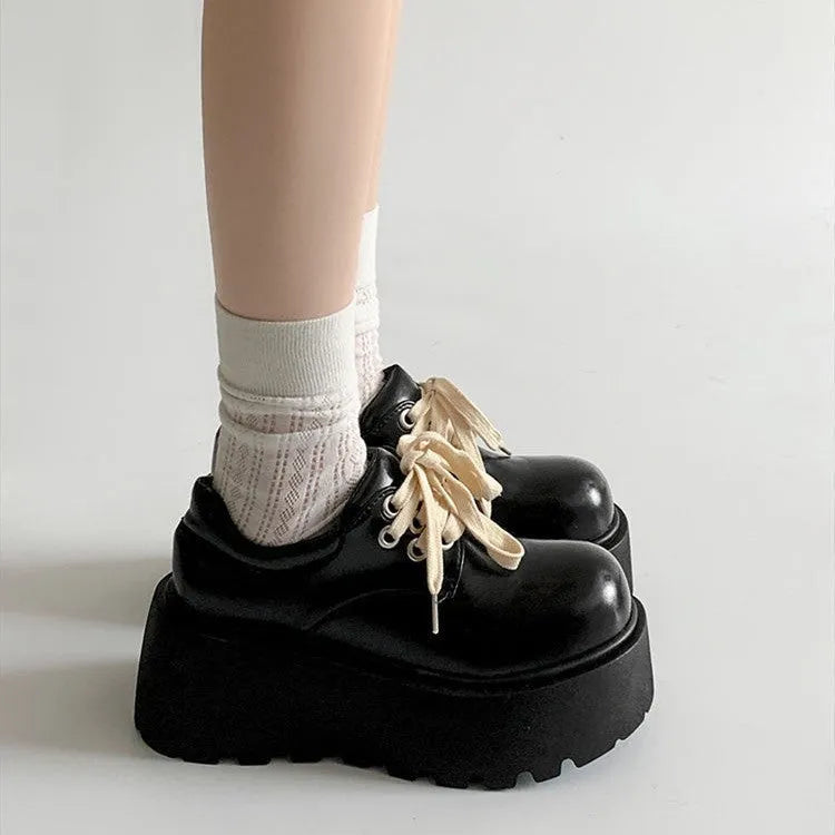 Women's matte black retro lace-up shoes with thick sole and 6-8cm heel