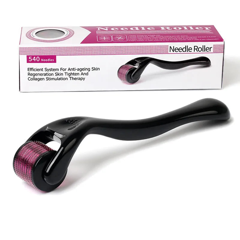 Black and purple derma roller with titanium microneedles showing six needle size options from 0.2mm to 1.0mm