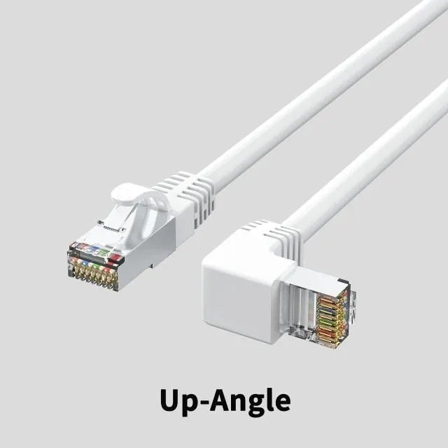 Cat6 Ethernet cable with right-angle metal RJ45 connector in black, shown alongside length and colour options.