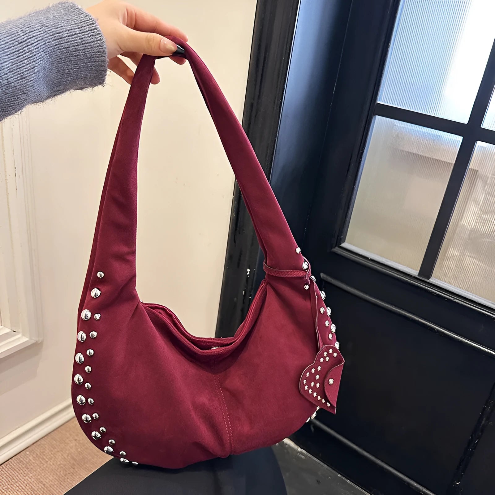 Soft plush casual tote handbag in retro style showing colour options including black, brown, green, red and coffee