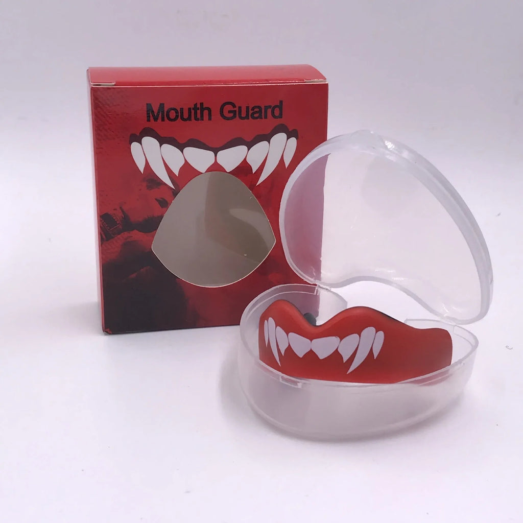 Adult boxing mouthguard with tooth socket free design in black and white printed teeth pattern