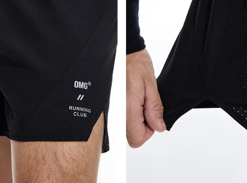 Men's black spandex running shorts with laser-stitched seams for breathability, shown in an athletic pose.