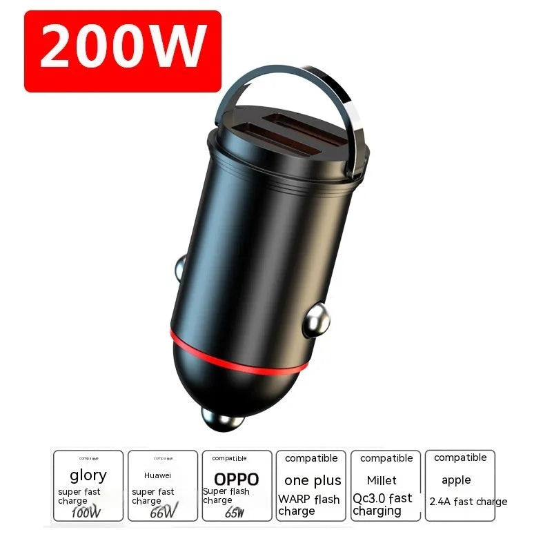 Black 200W super fast car charger with compact zinc alloy design and USB output port