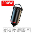 Black 200W super fast car charger with compact zinc alloy design and USB output port