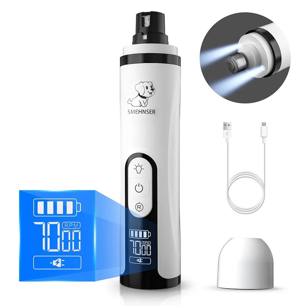 Automatic electric nail grinder for dogs showing digital display, LED indicators, and dust collection system