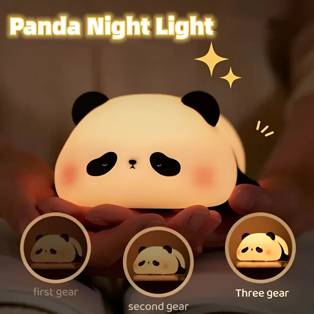 Panda-shaped night light with warm white LED glow and silicone construction