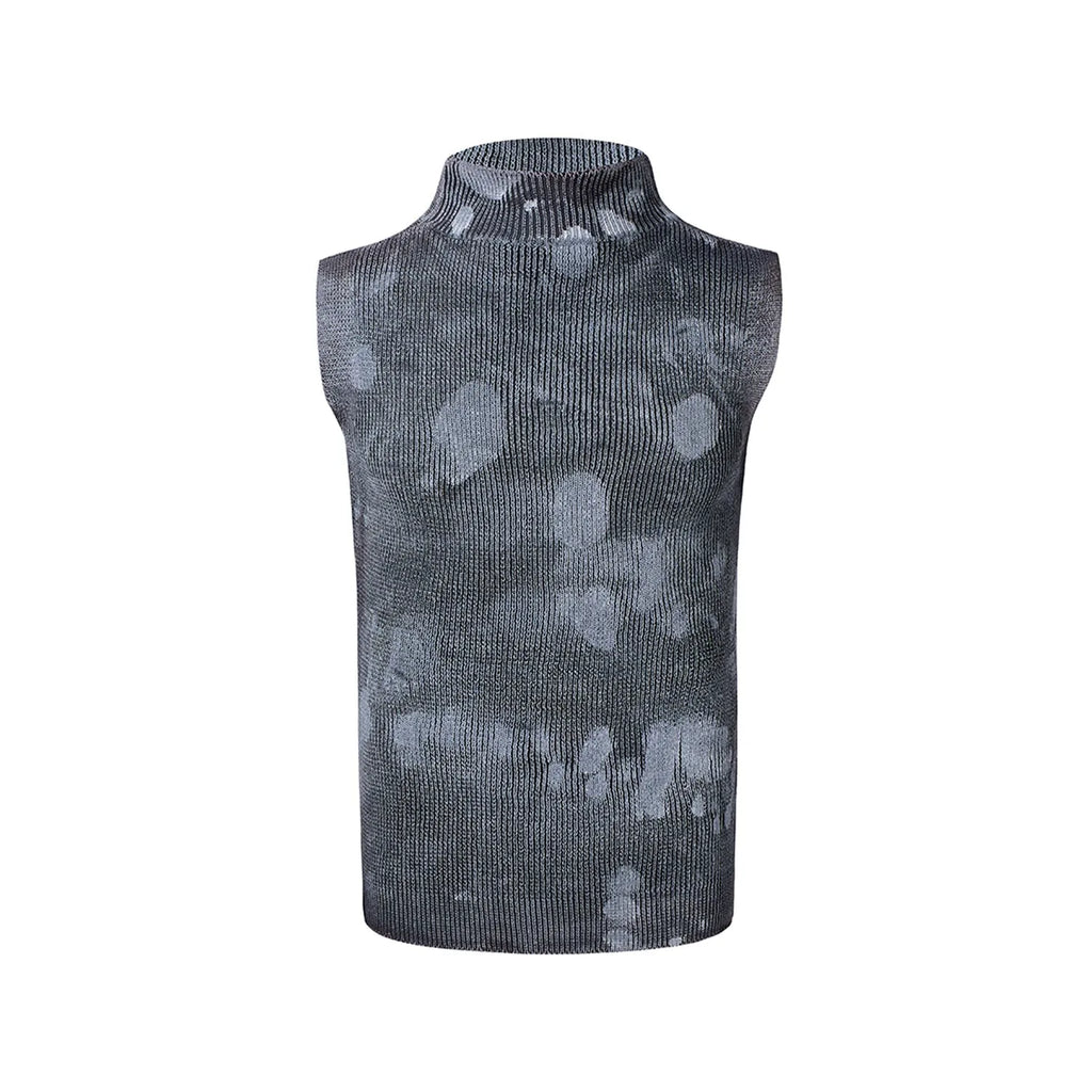 Men's black silver pastebrushing wool vest with turtleneck collar and sleeveless design