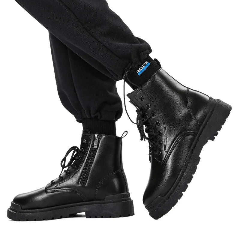 Men's black waterproof mid-top leather boots with flat rubber soles