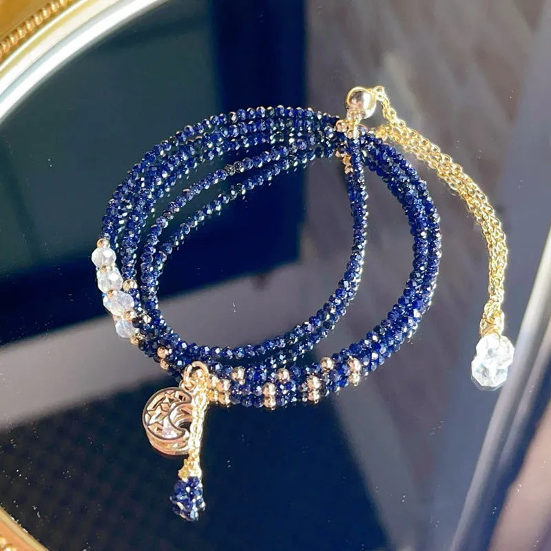 Women's blue sand stone three-ring bracelet with multi-layer design and gold colour details