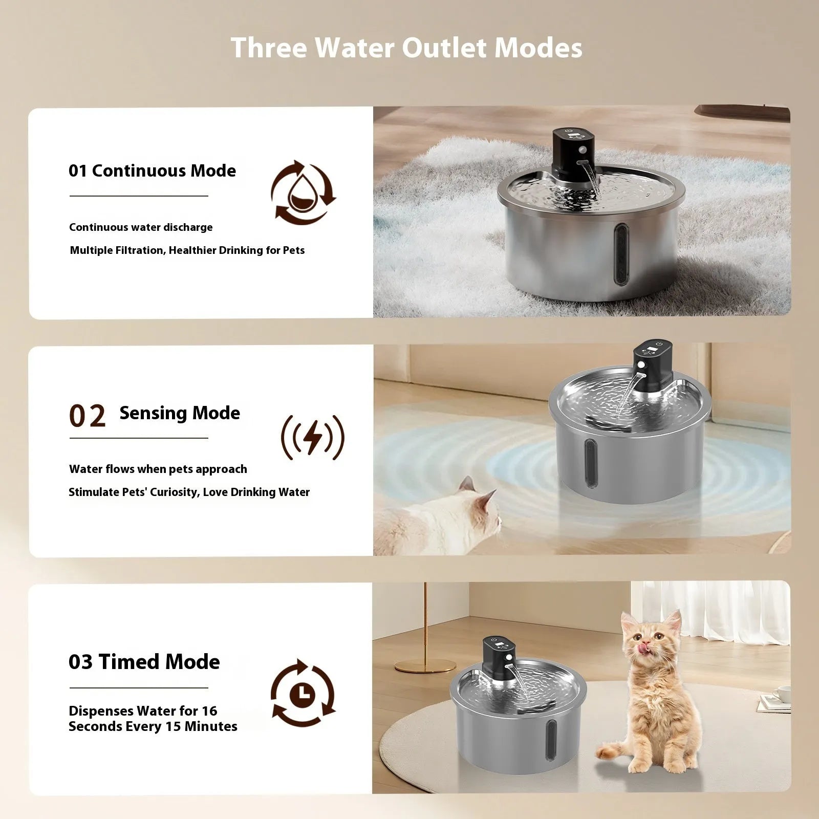 White stainless steel pet water fountain with ceramic base and temperature control display