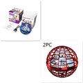 Blue spinning LED flying ball toy hovering above a child's hand with a magic wand.