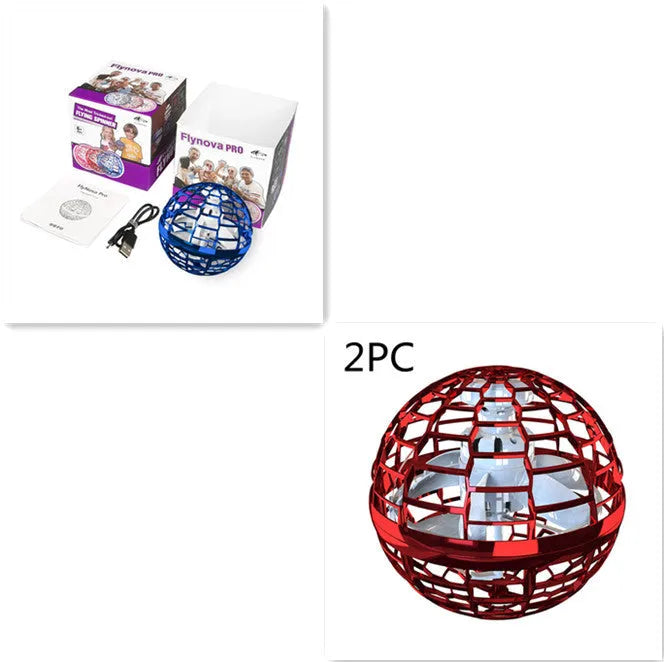 Blue spinning LED flying ball toy hovering above a child's hand with a magic wand.