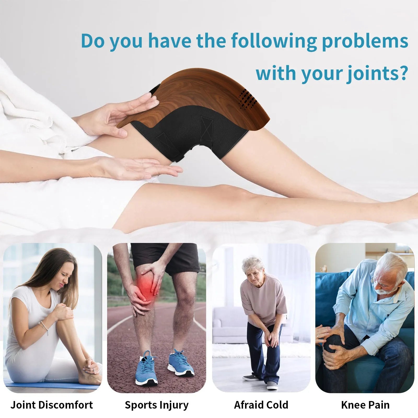 White rechargeable electric knee massager with kneading, heating and infrared laser functions