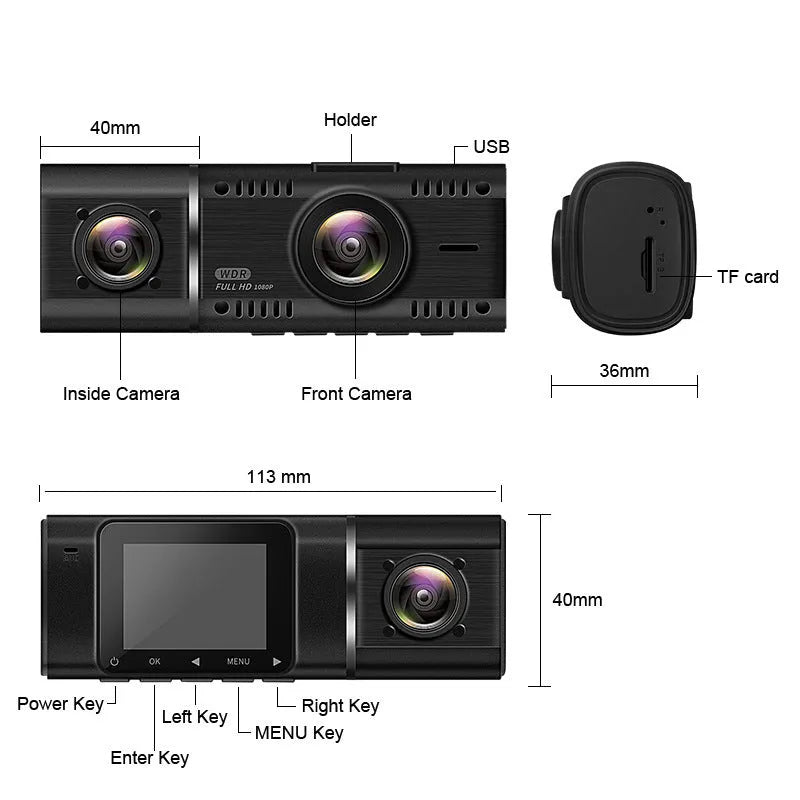 Standard black dual-channel dashboard camera with a 1.5-inch screen, shown with car charger and mounting stand.