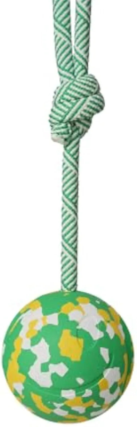 Natural rubber dog ball on a nylon rope for fetch and tug games with a medium dog
