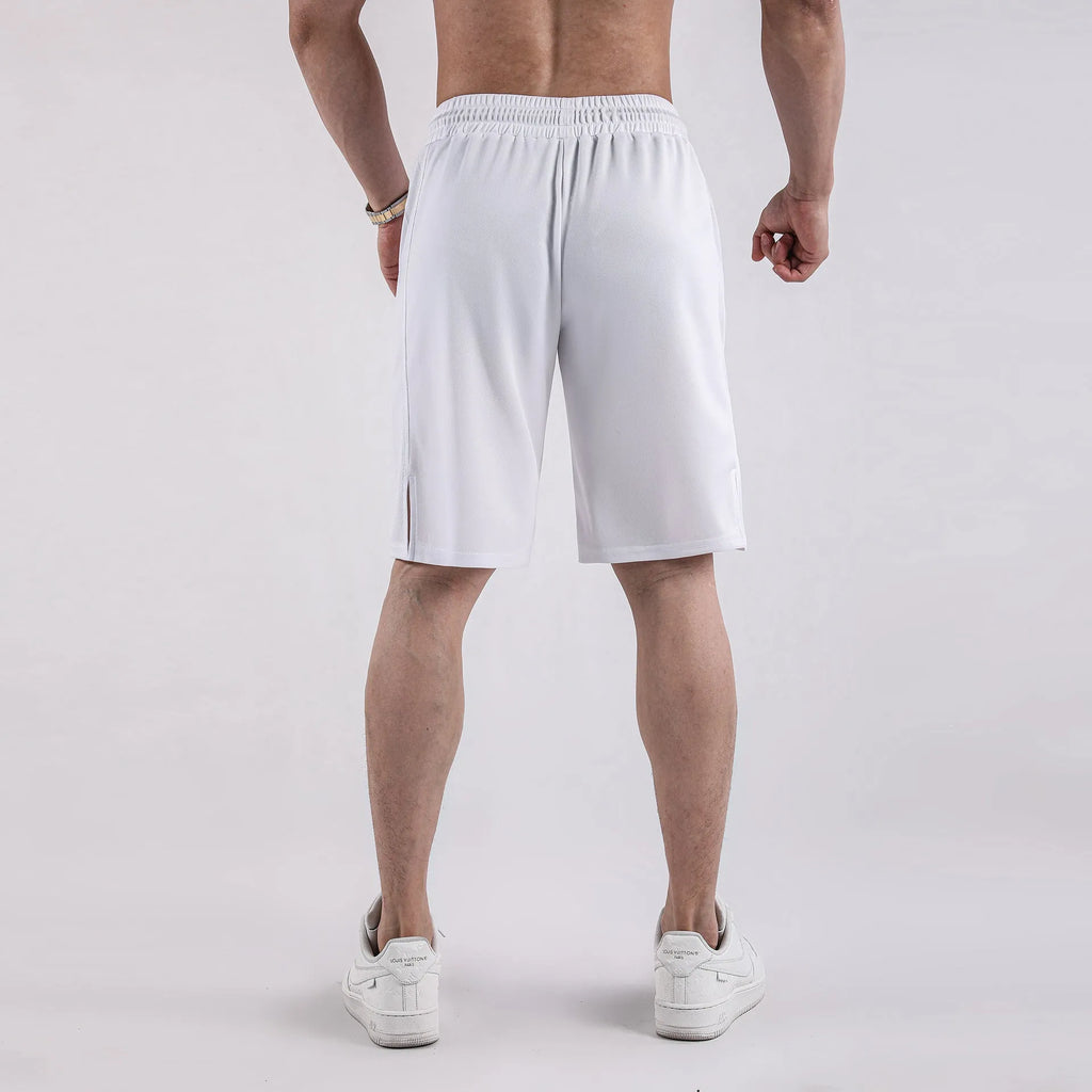 Men's black quick-dry mesh shorts with elastic waist, shown in a loose, casual fit.