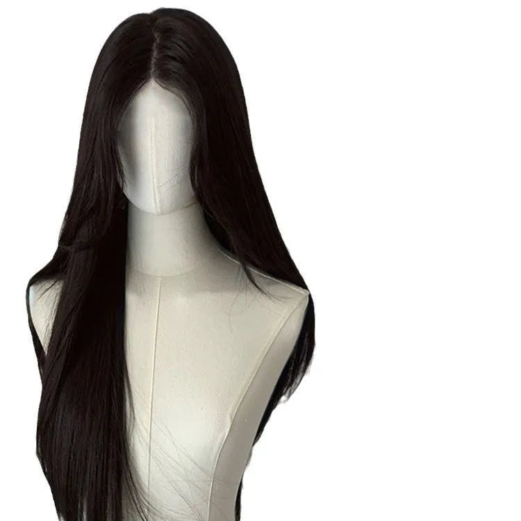 Forehead lace long straight synthetic wig in dark brown with side bangs styling