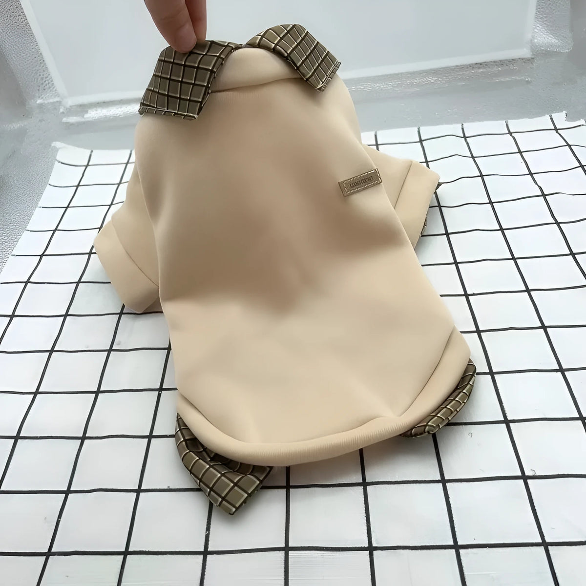 Grey dog sweater with detachable hood collar on small dog showing thin velvet knit polyester construction