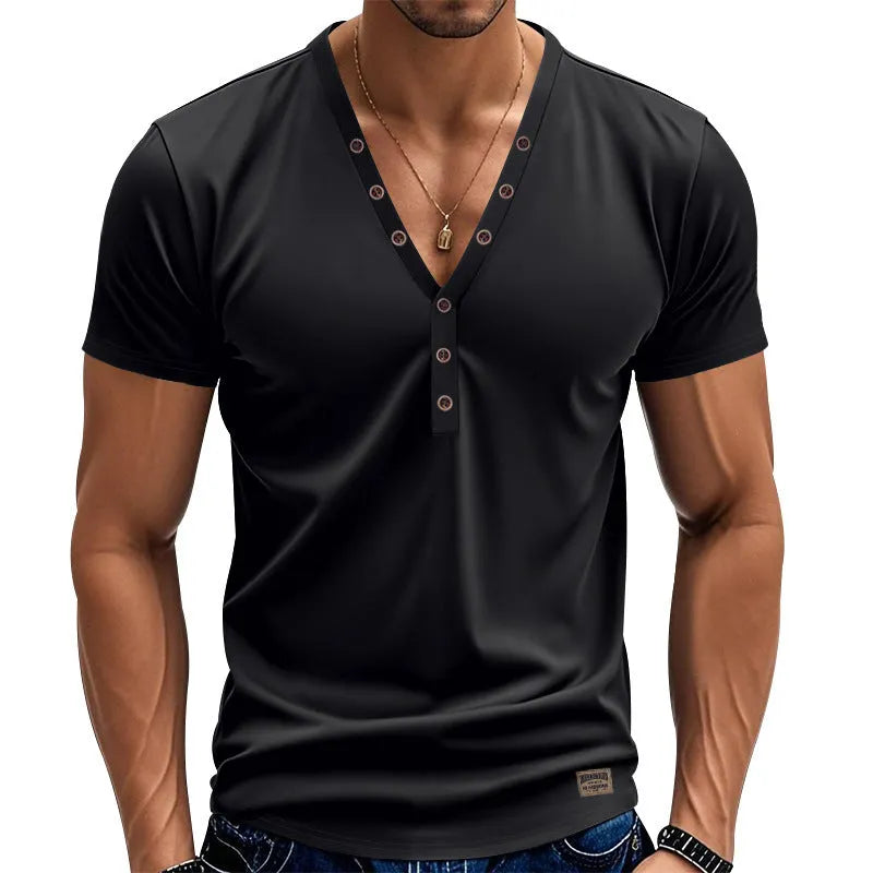 Men's loose V-neck button detail pullover top in a light blue colour on a hanger.