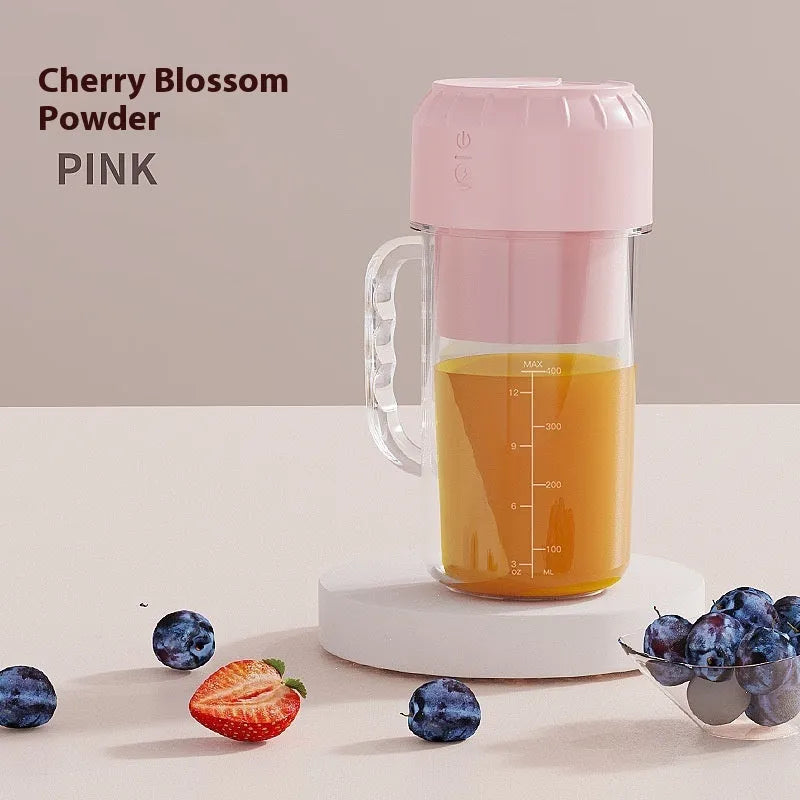 Portable USB rechargeable juicer in cherry blossom pink or avocado green with multiple blade options